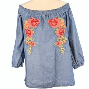 Andree By Unit Chambray Embroidered Boho-Chic Top Sz Medium Blue Off Shoulder